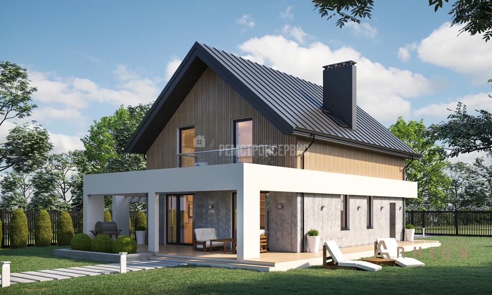 3. Проект одноэтажного дома в европейском стиле с двускатной кровлей, t-51-01, площадью - 132 кв c мансардой, терассой, балконом